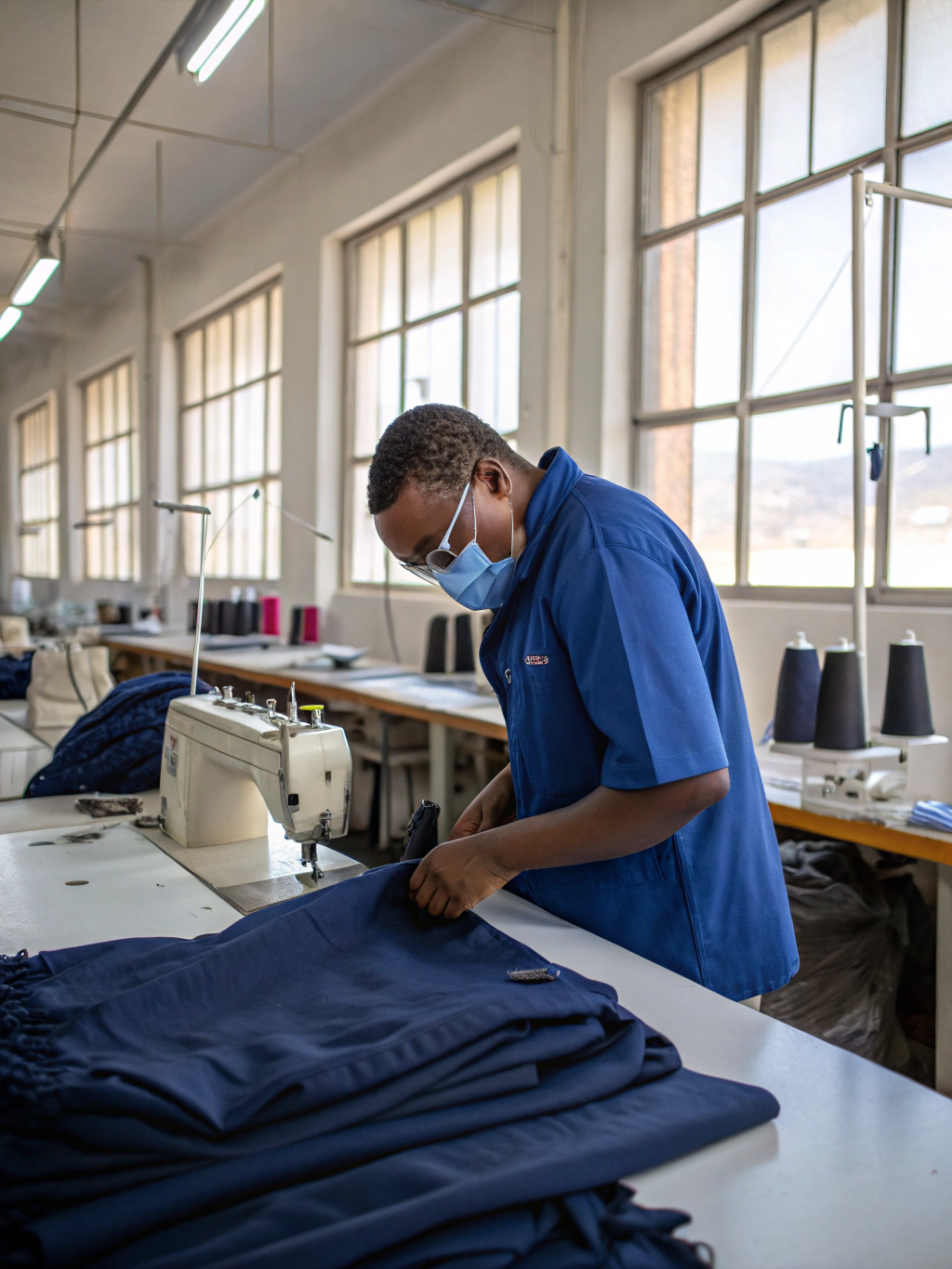 Artisan working in a clean, well-lit ethical garment facility